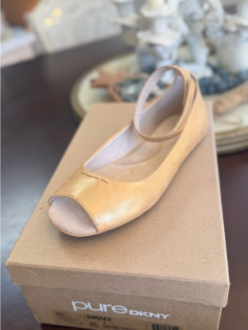 DKNY Women’s Metallic Gold Peep-Toe Flat with Ankle Strap